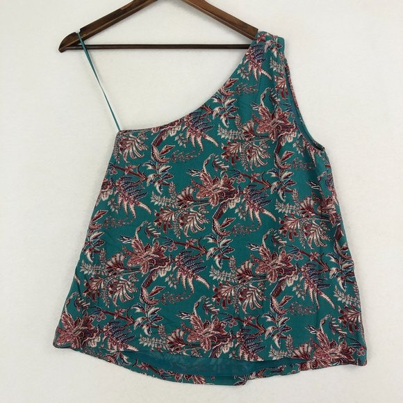 LOFT NWT Women's Size Small Iris Teal Blue Red Printed One Shoulder Top - Picture 11 of 11